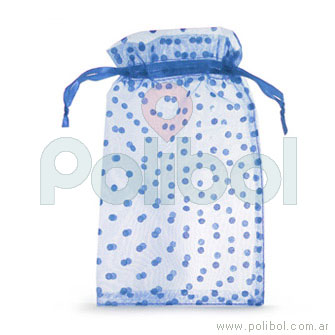 Bolsa de organza con lunares de color celeste 15 x 25 cm.